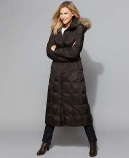 London Fog Coat, Long Hooded Faux Fur Trim Quilted Down