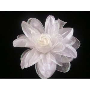 NEW White Shimmer Dahlia Hair Flower Clip Pin and Pony Tail Holder 
