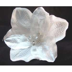   White Satin and Crystal Amaryllis Hair Flower Clip, Limited. Beauty