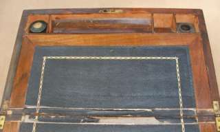 Antique Writing Lap Desk Slope Wood Box Walnut Brass Lock Key Ink 