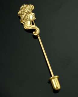 Antique 14k Gold Art Nouveau Stick Lapel Lady Face Pin  