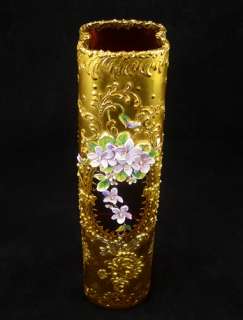 Antique BOHEMIAN Art Glass BUD VASE Gilted GILT Czech GOLD Cranberry 
