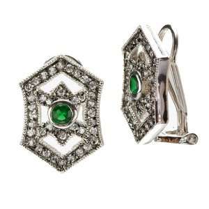  Sterling Silver CZ & Emerald Antique Earrings Jewelry