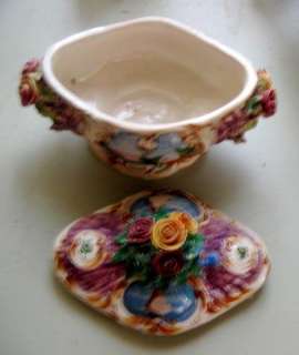 Antique Italian HP Ceramic COVERED CACHEPOT w ROSES  