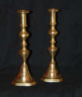Pair Antique English Beehive Brass Candlesticks Pushups  