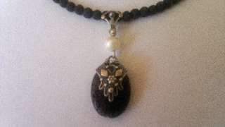 Sterling silver hamsa necklace black lava stones pearls collier chamsa 