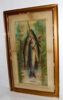Large Antique Pastel Drawing Brook Trout Fishing Cabin  