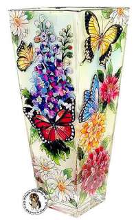 AMIA ART GLASS PAINTED STAINED VASE BUTTERFLY GARDEN  