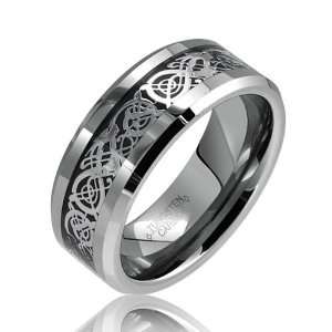 Bling Jewelry Celtic Dragon Comfort Fit Black Inlay Tungsten Carbide 