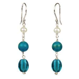   Howlite, Blue Glass and White Fresh Water Pearl Drop Earrings Jewelry
