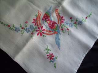 Vintage Linen Card Table Cloth Parrot Horseshoe Floral  
