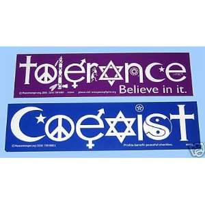  COEXIST and TOLERANCE Bumper Stickers 2 Great Stickers, 1 