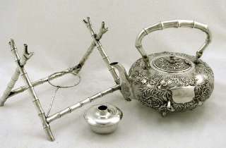 Chinese Export Silver Feeding Chicks Birds & Florals Kettle on Stand 