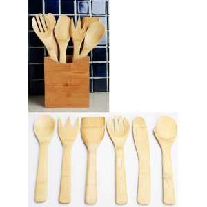   CROCK WITH 6 PIECE HAND CARVED BAMBOO UTENSIL SET