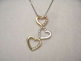 Estate 14K Tri Color Gold Diamond Three Heart Necklace  