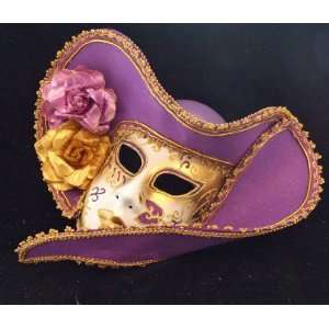   Mask Masquerade Lady Pirate Hat Fancy Purple & Gold Mardi Gras Costume