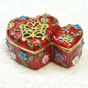   Red Double Heart Crystals Bejeweled Trinket Box 