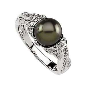   14K White Gold Cultured Black Pearl and Diamond Ring Jewelry