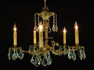 VINTAGE CAST BRASS & CRYSTAL 5 ARM EUROPEAN CHANDELIER  