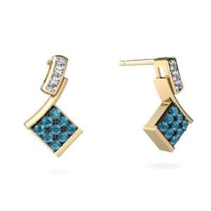  14K Yellow Gold Blue Diamond Drop Earrings Jewelry