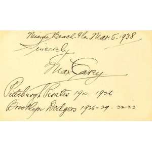 Max Carey Autographed 3x5 Card (James Spence Authenticated)