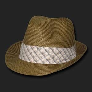 Brown Woven Braid Brim Straw Fedora Fedoras Hat Hats Plaid Ribbon Band 