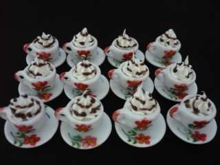 12 Painted Afrt Flower Cups of Cappuccino Dollhouse Miniatures Food