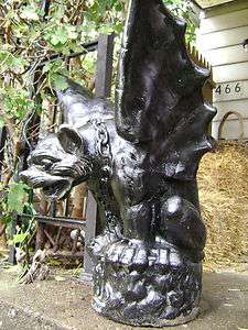 HUGE REAL GARGOYLE gothic garden decor black winged dog w/chain  