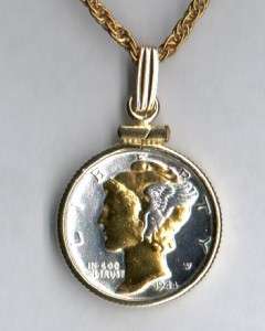 Coin Necklace/Pendant, Silver & Gold Mercury Dime, Minted 1916 1945