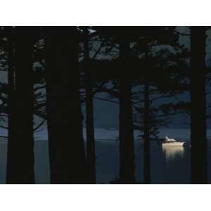  Silhouetted Evergreen Trees Rim Alpine Waters with a Boat 