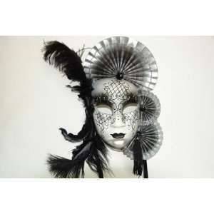    Black Full Face Venetian Fan Mask With Feathers