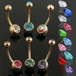 Gold Plated 2 Aurora Borealis Press Fit Gem Belly Ring   14G   3/8 