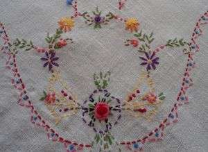 Vintage Linen Tablecloth Napkins Pink Embroidered French Knot Flowers 