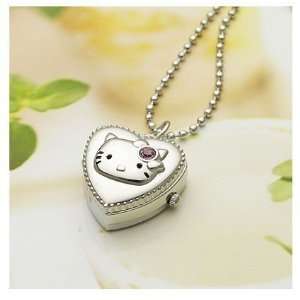 Cute Silver Hello Kitty Cat Carve Love Heart Watch Necklace Arabic 