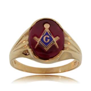 GENTS MASONIC RING 10K YELLOW GOLD RED OVAL SIGNET NEW  