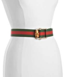 Gucci green web stripe canvas bamboo buckle belt   