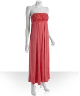 Design History coral rose jersey strapless chiffon rosette long dress 