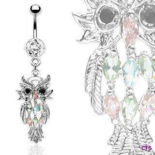 Owl Navel Belly Button Ring Marquise Gems Dangle Piercing  