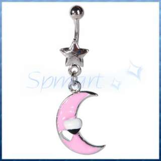 Silver Moon and Star Navel Belly Button Dangle Ring Bar HEART Piercing 