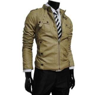    TheLees Mens luxury strap pocket slim faux leather jacket Clothing