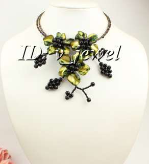 Green shell black faceted onyx flower necklace VJ  