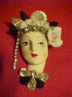 Flapper Lady Head Face Rhinestone Porcelain Brooch Pin  