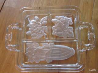 VINTAGE 3 PART ETCHED RELISH DISH TRAY WITH HANDLES  
