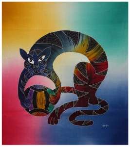 Indonesian Hand Dyed Rainbow Cat with Ball Cotton Batik Panel  