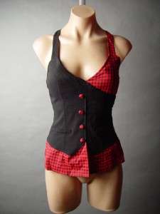 Blk Red Plaid Check Punk Rock Emo Rockabilly Goth Pin Up Bustier Top 