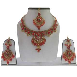 RED COLOR ) LCT CZ BEADS VERY BEAUTIFUL NECKLACE EARRINGS TIKKA SET 