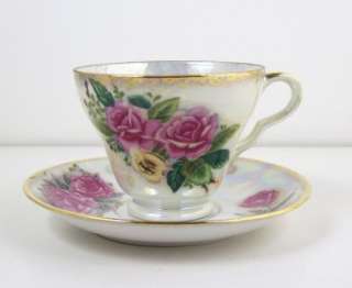 Vintage Pearl Lustre Footed Tea Cup with Saucer Pink Roses Gold Trim 