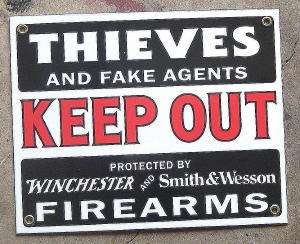 THIEVES KEEP OUT PORCELAIN OVERLAY METAL SIGN NR  
