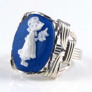 Holly Hobby Blue Cameo Ring Sterling Silver  