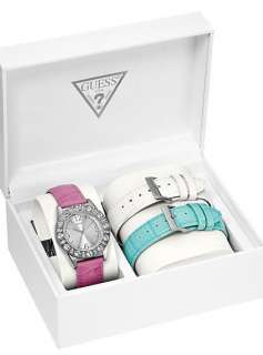 GUESS LADY WATCH PATENT LEATHER WHITE PINK BLUE STRAP  